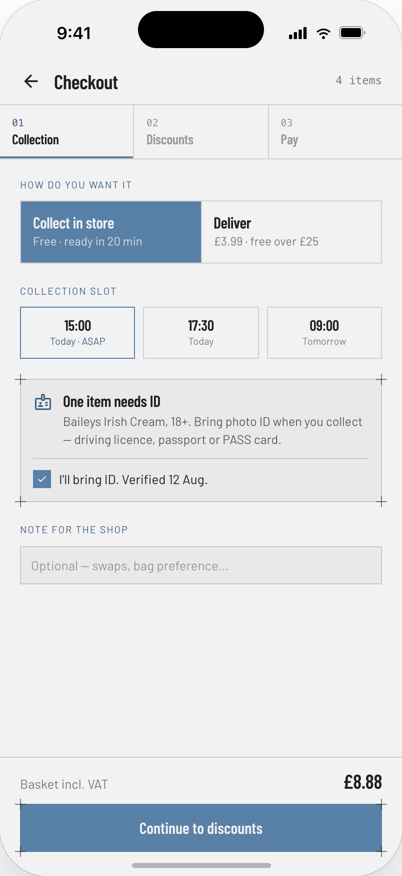 Posilus customer app checkout — collection or delivery choice, collection slots, and an ID-required notice for an age-restricted item