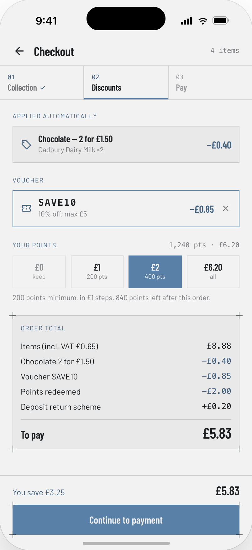Posilus customer app checkout — automatic promotions, voucher code and loyalty points redemption with full order total breakdown