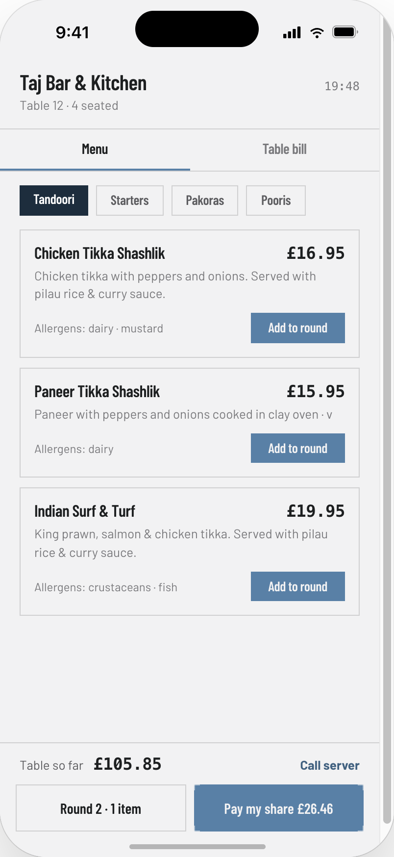 Posilus diner app — order at the table from the phone