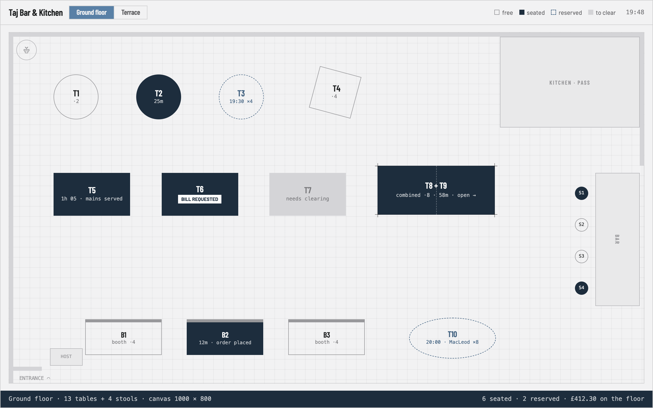 Posilus floor plan in service view — free-form drawn room layout with live table states
