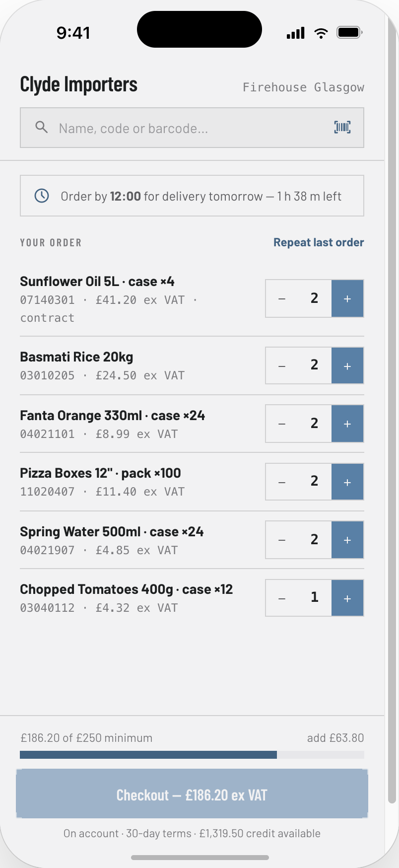 Posilus trade quick-order app with minimum order value