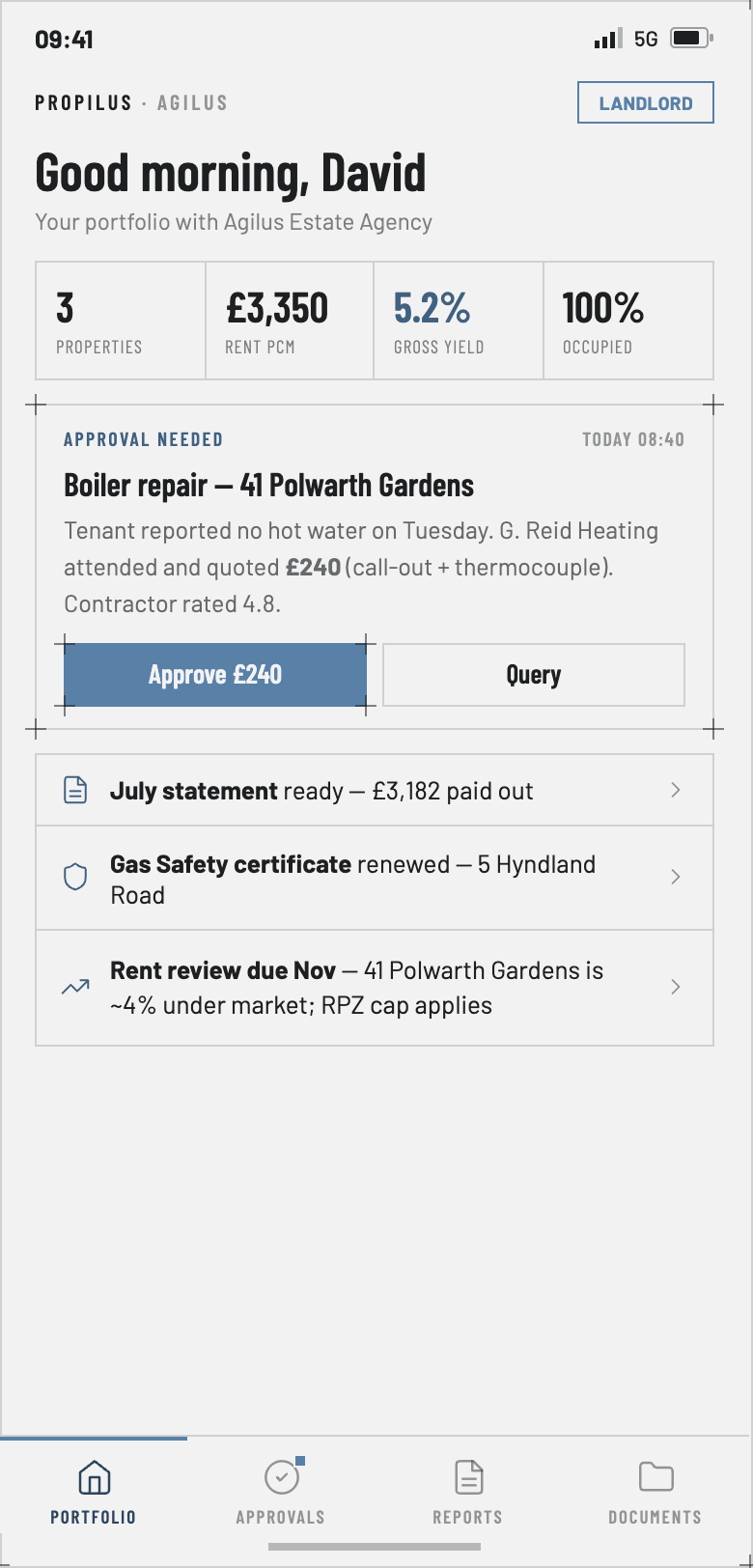 Propilus landlord portal — portfolio figures, a repair approval with quote, statements and certificates