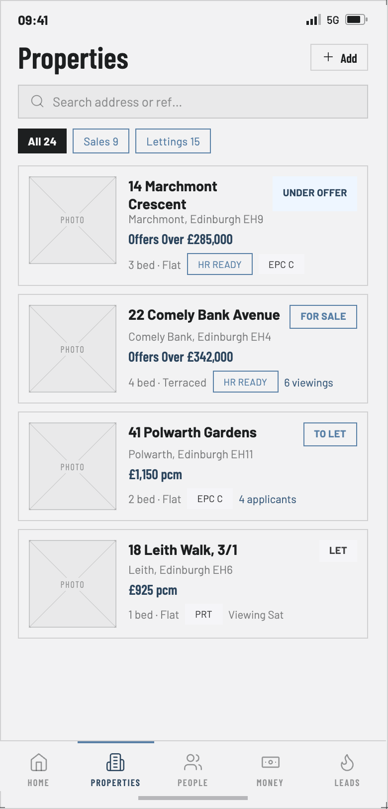 Propilus properties screen — sales and lettings stock with Home Report ready flags, EPC ratings and applicant counts