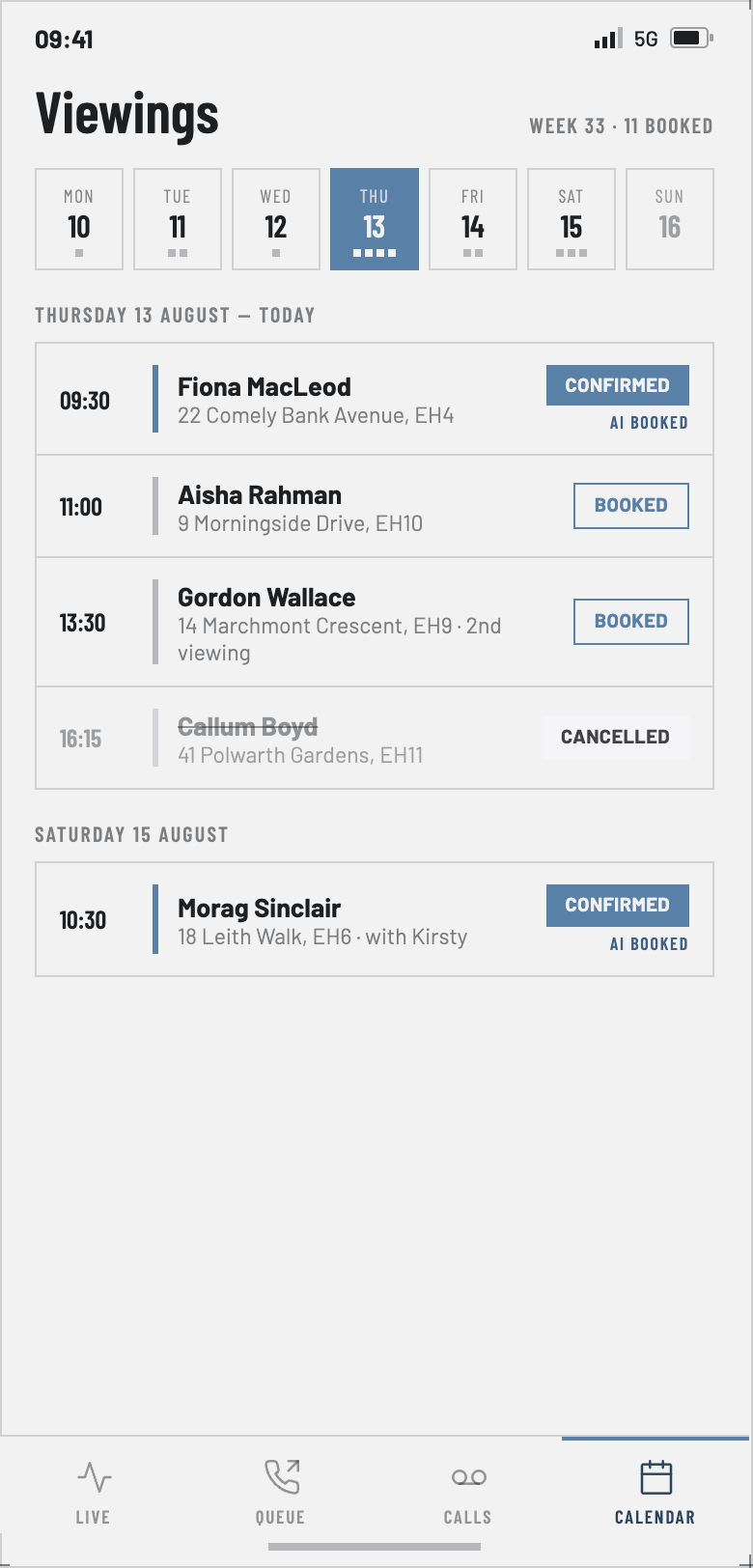 Propilus viewings calendar — the week's viewings with confirmed, booked and AI-booked states