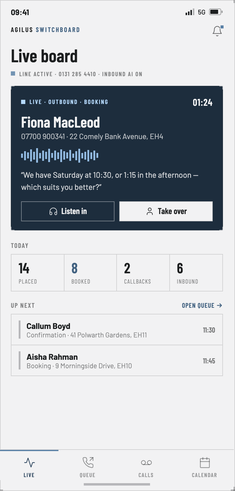 Switchboard live board — the active call with listen-in and take-over, today's placed, booked, callbacks and inbound counts, and the upcoming queue