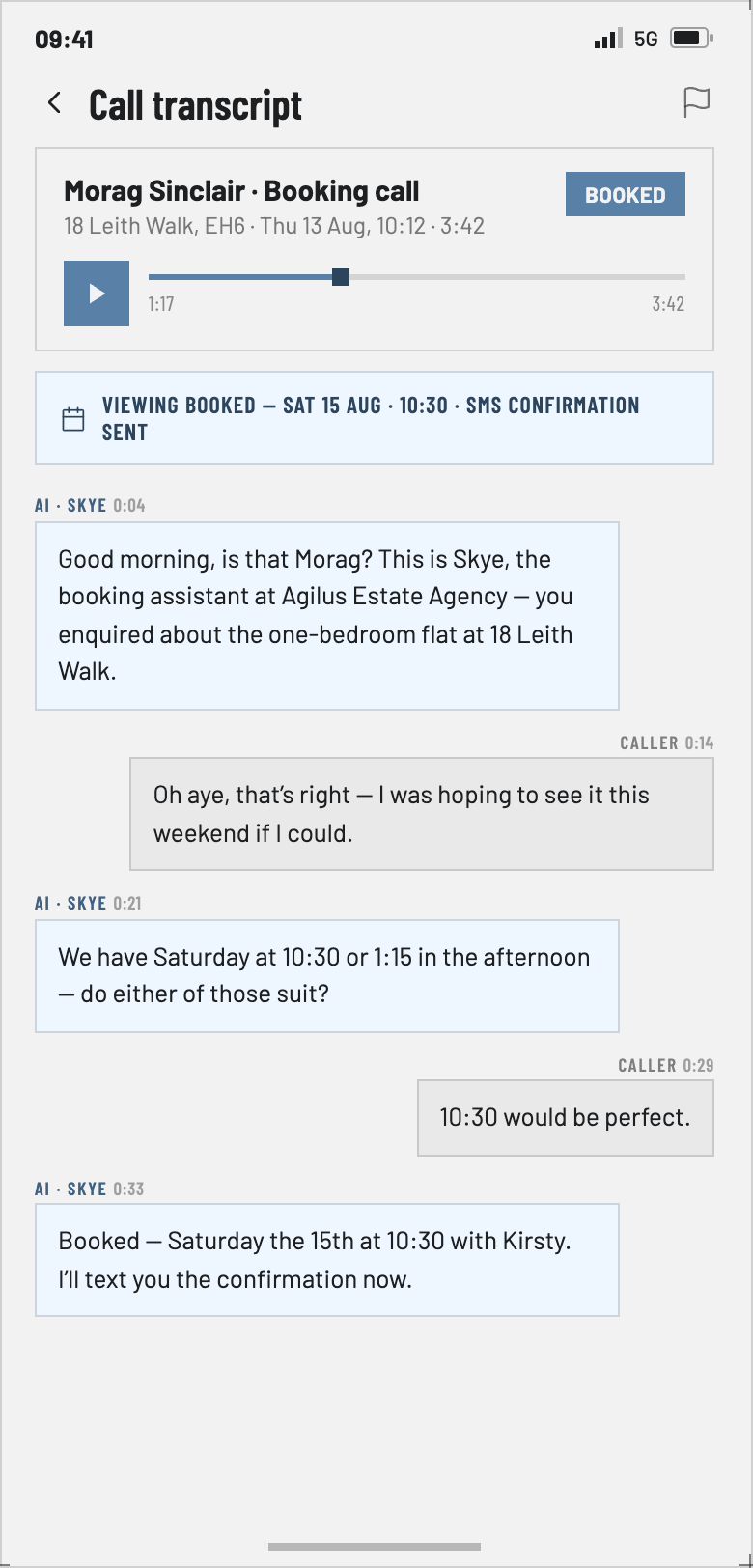 Switchboard call transcript — recording, the booked outcome and SMS confirmation, with the full conversation kept