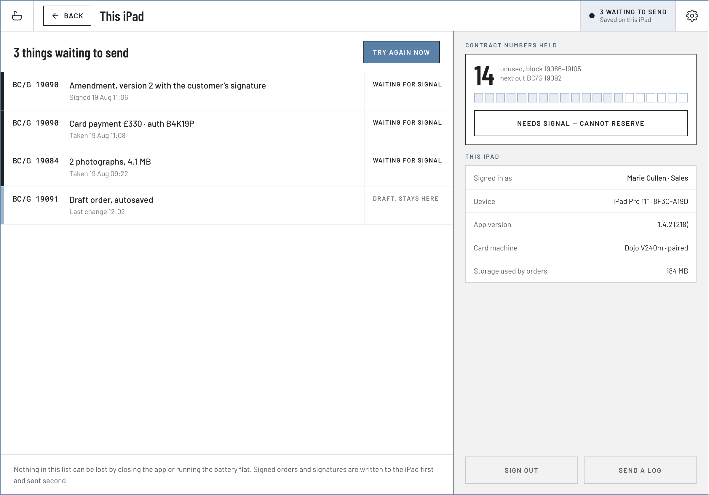 Tradilus iPad and queue screen offline — three items waiting to send, the held block of contract numbers, and the device details