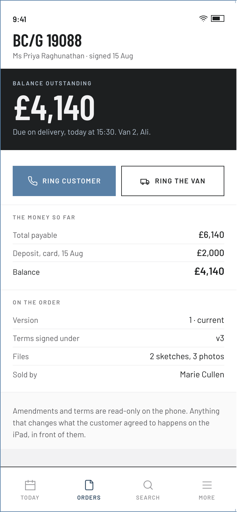 Tradilus office phone — look up a balance: the outstanding figure, when it is due, and ring the customer or the van