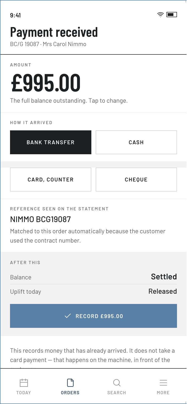 Tradilus office phone — record a payment that has already arrived, matched by the contract number on the bank statement