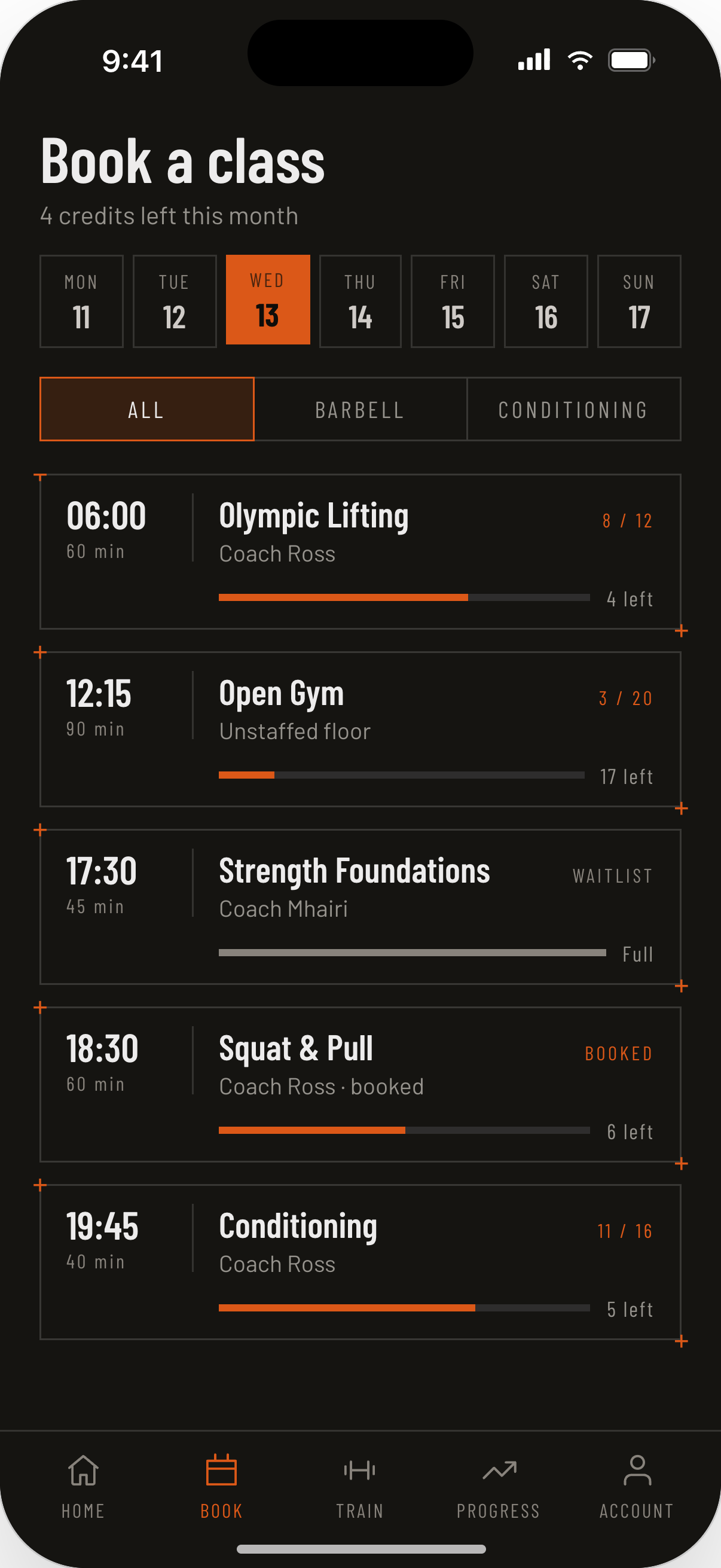 Vitalus class booking screen — the week's classes with capacity, waitlist and booked states