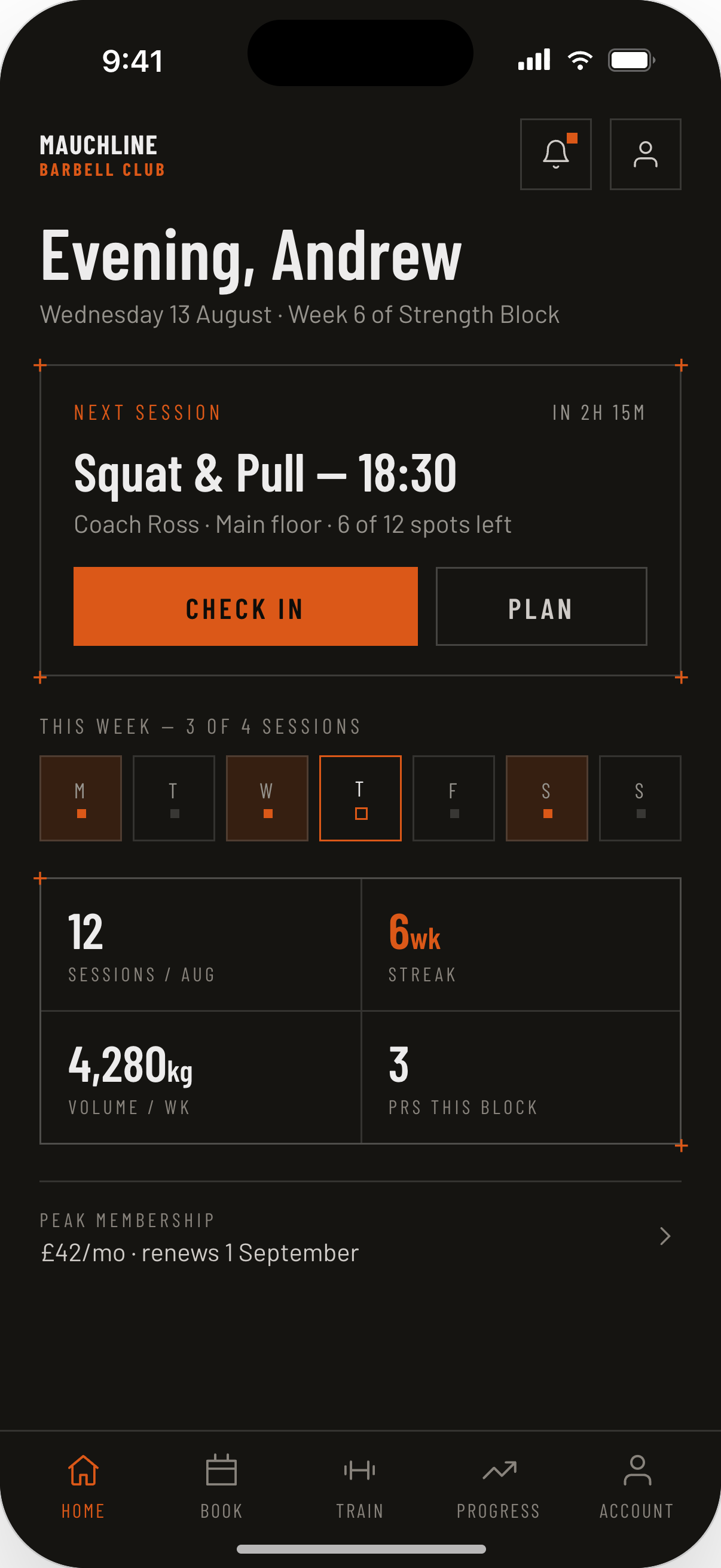 Vitalus home screen at Mauchline Barbell Club — next session, check-in, weekly attendance and training stats
